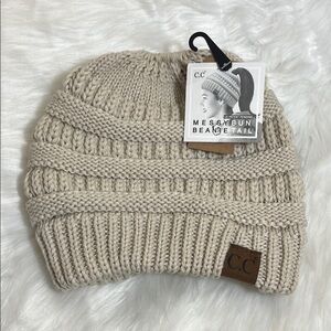 NWT C.C Beige Messy Bun Beanie Hat